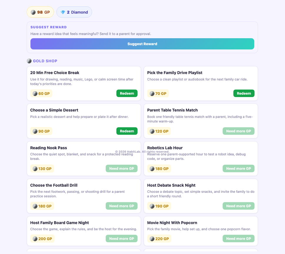 Member shop section with GP and Diamond rewards, redemption buttons, and reward ideas